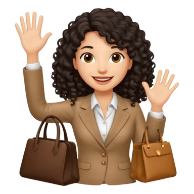 medium deep tan brown business woman with long black curly hair, waving hand with happy face with smile mouth and carrying bag on her shoulder sticker