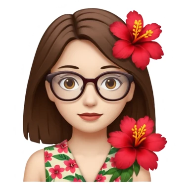 female with white skin. Shoulder length straight brown hair. Brown eyes with glasses. Hawaiian Flower in hair sticker