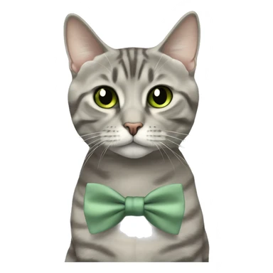 Aesthetic round-faced grey tabby British short hair full body cat with sage green bow tie sticker
