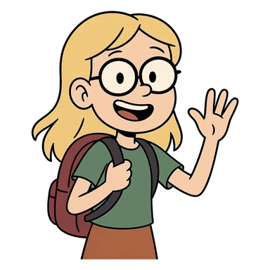 6th grade girl with blonde hair and glasses, waving, wearing a backpack, cartoon style sticker