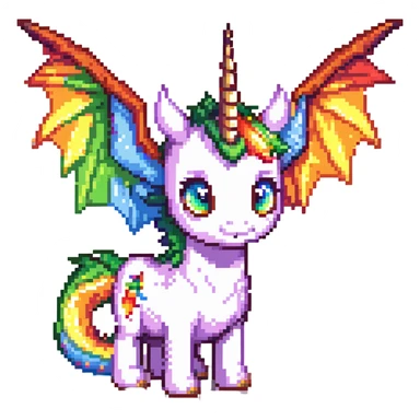 dragon with big eyes, large rainbow wings, and a unicorn horn sticker