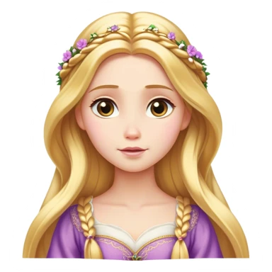 Cinematic Serene Rapunzel Portrait Emoji, rendered in a simplified vector style. Depict a gentle Rapunzel (chest and above) with delicate porcelain skin and long, shimmering golden hair, her expression calm and reflective, dressed in her traditional attire. The image is imbued with a soft, luminous glow and a subtle glowing outline. sticker