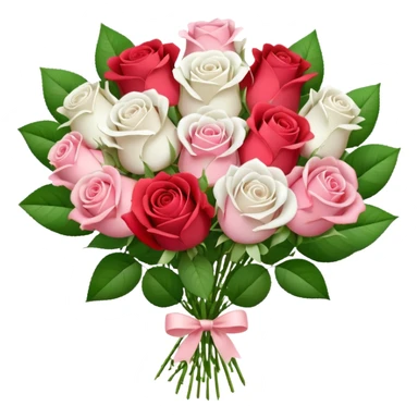 A white paper-wrapped bouquet of fresh roses and baby’s breath sticker