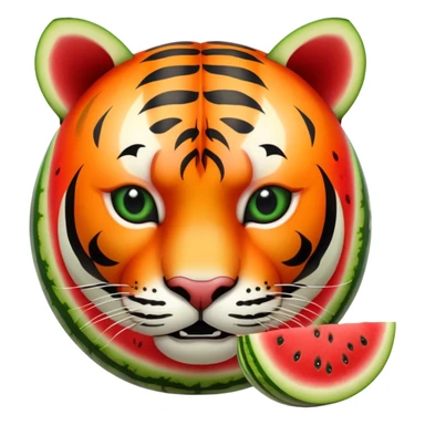 Cartoon watermelon with tiger face where the red flesh is visible, tiger stripes blending with watermelon pattern sticker