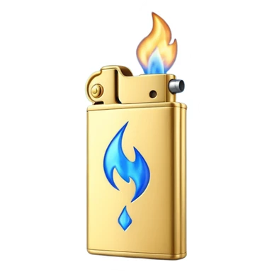 3D emoji icon of a golden metallic lighter with a blue flame, high quality, 3D render, minimalist white background sticker