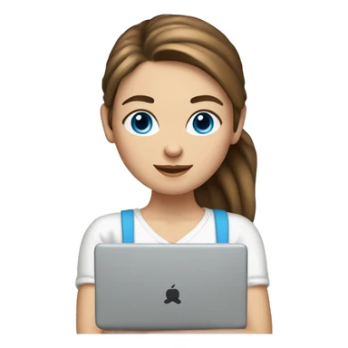 caucasian white IT girl student, holding laptop, blue eyes, brown hair ponytail sticker