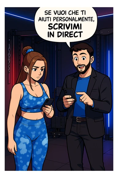 TRASFORMA QUESTO CAROSELLO IN UN FUMETTO STILE WEBTOON/MANGA A COLORI CON QUESTE DUE PERSONE IDENTICHE CHE INTERLOQUISCONO TRA LORO, L'UOMO MOSTRA UNO SMARTPHONE ALLA DONNA INDICANDOLO, E ANCHE LA DONNA HA LO SMARTPHONE IN MANO PER ANDARE A SEGUIRE IL SUO PROFILO INSTAGRAM:

LUI (UOMO): Se vuoi che ti aiuti personalmente
SCRIVIMI IN DIRECT sticker