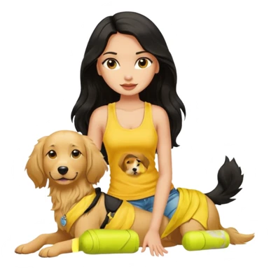 a tan pretty bratz girl with long wavy black hair, wearing a yellow tank top with a street dog sticker