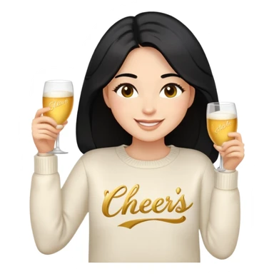 A woman with longer black hair, light to medium skin tone, full cheeks, and almond-shaped eyes, wearing a simple white sweater with the word 'cheers' in gold script, joyful and radiant expression, cheerful, emoji style, just her torso, no hands, no cups, no drinks. sticker