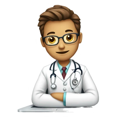 a doctor wearing stethoscope sitting in front of a laptop sticker