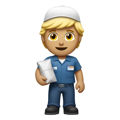  male mail carrier with blond hair and with a package wearing a white cap sticker