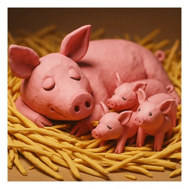 claymation style mother pig lying in straw with piglets around her, soft lighting, vibrant and cute sticker