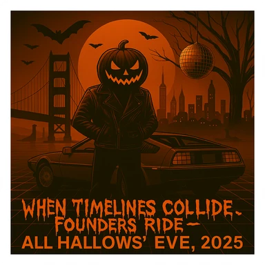 Make the font "When Timelines Collide, Founders Ride" runny, spooky.  sticker