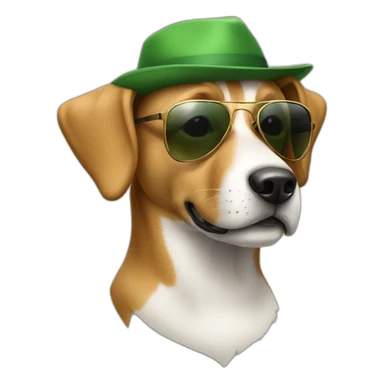 A dog with sunglasses and green hat sticker