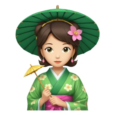 Japanese Princess with paper umbrella, green kimono sticker