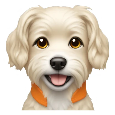 small cream coloured dog with an orange mullet sticker