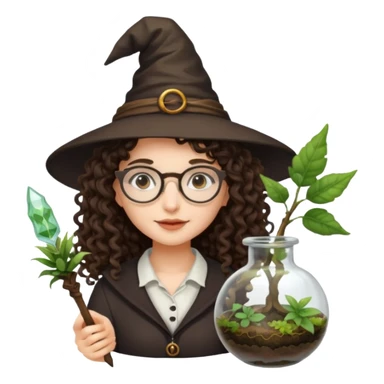 A long curly haired brunette girl with a witch hat, round white glasses, and a plant wand or plant potion terrarium sticker