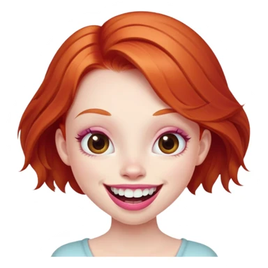 Young girl with pale skin, full pink lips smiling with big teeth, ginger red hair (very long), bigger nose, extra large brown eyes (very big eyes), big mouth sticker
