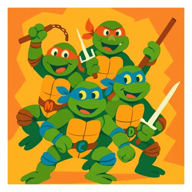 Teenage Mutant Ninja Turtles, classic cartoon style, vibrant colors, group pose, fun and energetic sticker