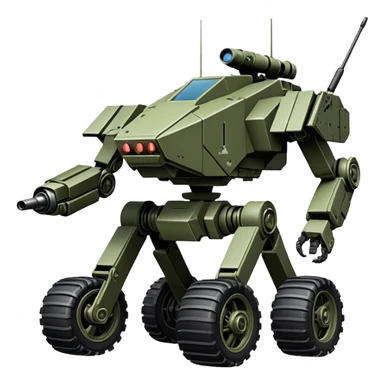 a roomy 4-wheel armored personnel stealth camouflage army massive mech trail vehicle shooting forward side-hill leaning actively articulating independent suspended pod gimbal enemy mech off-road racing rover with large fast engine RC basher megatron  sticker