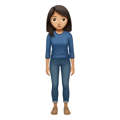 "Cartoon emoji of a woman with long, loose dark hair, wearing plain, simple clothes. Full-height, standing, nervous, unsure, worried expression. Slightly hunched, anxious posture. Smooth, simple, stylized." sticker