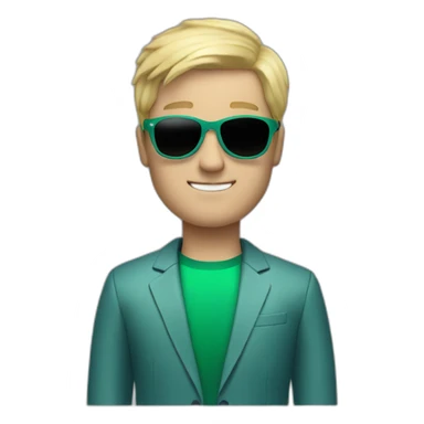 white guy in gradient green blue suit with blonde hair and black sunglasses standing with black adidas shoes sticker