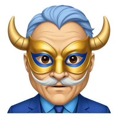 a old man, with a Blue suit,  wear half-face golden Buffalo masquerade mask sticker