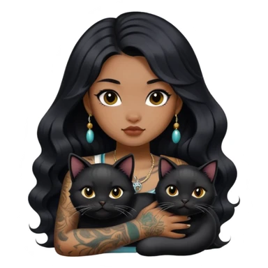 a Chinese girl with long black  Big Wave hair and tattoos and a black round faced cat no hands sticker