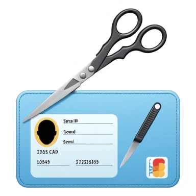 Floating black Scissors cutting a light blue idf ID card in 2 parts .hyper realistic sticker