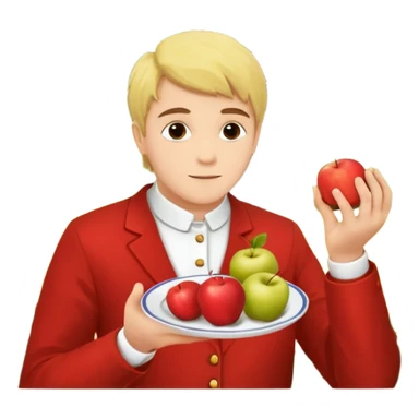 ein tiefer Teller mit breitem rand, darin ein haufen mit gelber Krümel unterschiedlicher Grösse. obendrauf seitlich ein Häufchen Apfelmus. ein Löffel steckt drin sticker