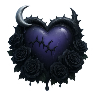 Add much more rain and thick mist to the scene, keeping the prominent black roses, gothic heart, deep purple glass, crescent moon dripping silver, subtle lightning, cracked glass glowing softly. The style should resemble 3D emoji style. Remove the background. sticker