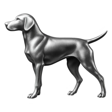               Apply a high-end, photorealistic metallic chrome material to the provided {subject}. The material should have a smooth, slightly curved surface with subtle reflections and soft shadows, resembling brushed or polished silver metal. Preserve the exact shape, proportions, and design of the original object. Set it against a solid black background (#000000) in 8K resolution. The lighting should enhance the beveled edges and reflective highlights, creating a sleek, premium finish. {subject} = dog pointing left sticker