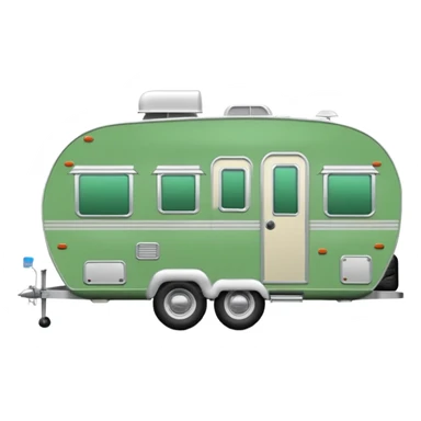 Shasta travel trailer, two tires, colored all green, the same green shade as movie trailer green preview card, light grey tires and grey hitch sticker