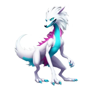 White elegant beautiful natural cute badass epic anthro modern albino sergal-vernid-Fakémon with cyan mane and magenta eyes with cyan edgy stripes, anthropomorphic, two-legged, digitigrade, full body sticker