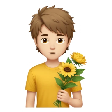 generate an ios genmoji of a 20 year old fair boy with brown long and messy hair with stubble on cheeks. should look like he cant grow a mustache., carrying a flower bouquet, wearing a yellow tshirt, looking shy sticker