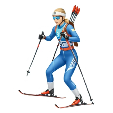 An icon featuring a biathlete in motion, holding a rifle and skiing across a snowy course. The backdrop includes snow-covered trees, distant mountains, and a clear blue sky. Transparent background highlights the precision, endurance, and excitement of biathlon. sticker
