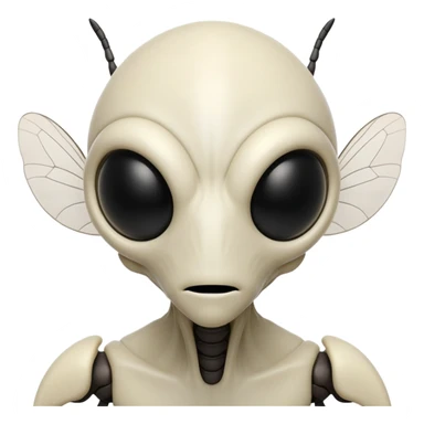 A front-facing alien with an insect-like head. Pale white exoskeleton. Black compound eyes like a fly. No human features. Has two thin black antennae and small mandibles. No limbs, legs, or arms. Face only. sticker