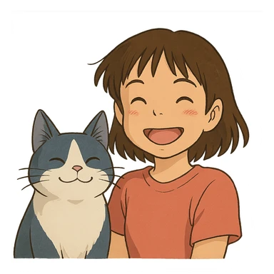 ghibli style illustration of a brown-haired Asian girl and her blue and white Manchikon cat, both smiling sticker