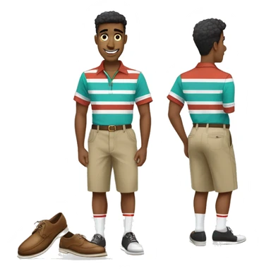 man wearing a retro bowling shirt with a teal base color with two white vertical stripes on the front, separated by thin black lines, Baggy khaki cargo shorts that go over the knees, Expensive gold watch, Italian brown loafers with pale white high socks sticker