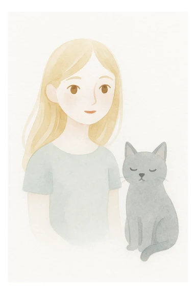 girl with long blond hair, brown eyes, and a grey cat, painterly, whimsical style sticker