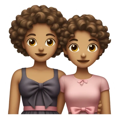 Two girls hugging one with curly hair the other strait with a bow sticker