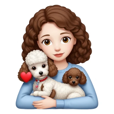 Beautiful woman with pale skin and brown hair hugging a white poodle dog sticker