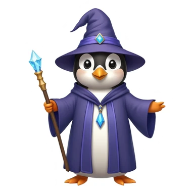 penguin wearing wizard hat and robe holding a magic wand sticker
