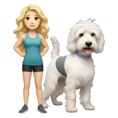 white woman with long blonde hair and cat shaped eyes wearing a yoga outfit standing alongside a tri-colored bernadoodle dog sticker