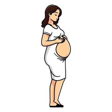 happy pregnant woman in second trimester, showing baby bump sticker