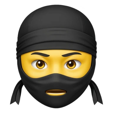 ninja face emoji with black ninja mask covering lower face, no skin color, standard emoji yellow, white headband, neutral expression sticker