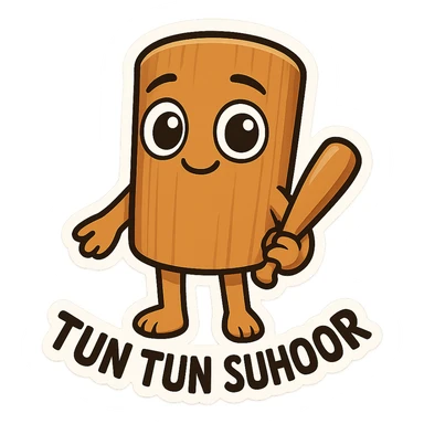 Chibi emoji of Tun Tun Suhoor, wooden stick body, smooth brown texture, big cartoon eyes on the stick, small smile, human arms and legs, holding a wooden bat, absurd and funny meme style, no text sticker