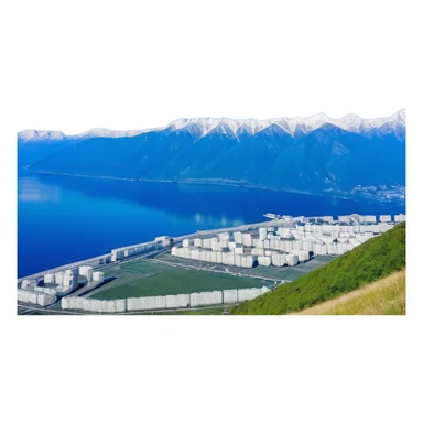 Русская белая кирпичная панелька с фиолетовыми неоновыми окнами в виде куба sticker