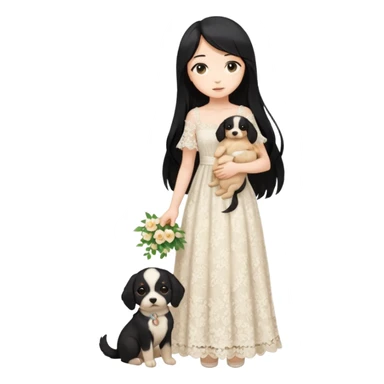 Pastel anime lady long hair with long lace dress full body holding puppy sticker