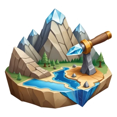 An icon featuring a rock hammer, a fossil, and a geological map, symbolizing geology. The design includes layers of the Earth, a crystal, and a mountain range, representing the study of Earth's structure, materials, and natural processes. Transparent background highlights geological research sticker